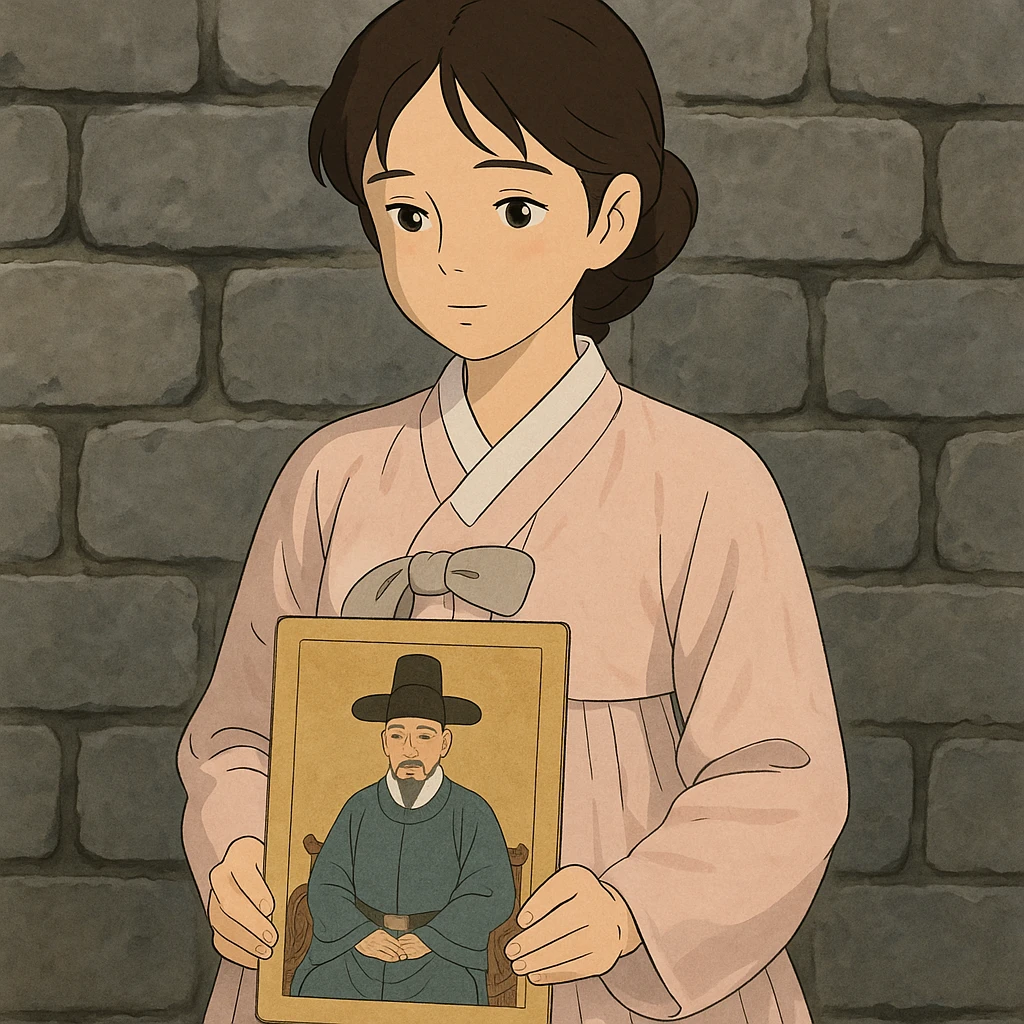a young woman in a pale pink, sheer hanbok holding a traditional Korean portrait in front of a grey stone wall, ghibli style emoji