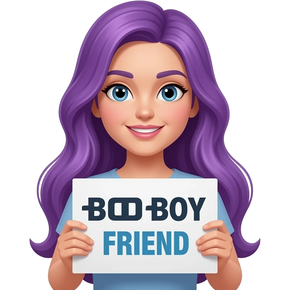 sexy girl with long purple hair holding a BOOKBOY FRIEND sign emoji