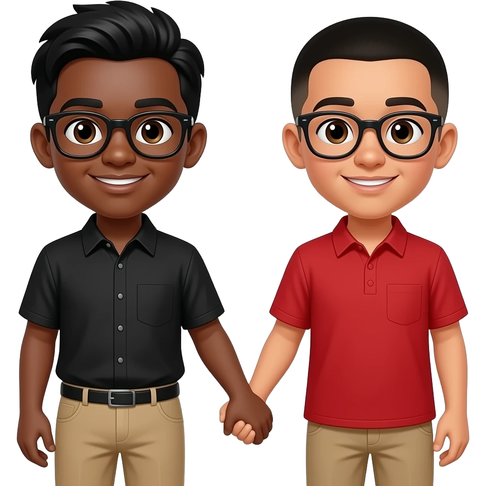 Black Boy with black hair, glasses, black shirt, beige pants, Hispanic Boy with black buzz cut hair, glasses, red shirt, beige pants holding hands emoji