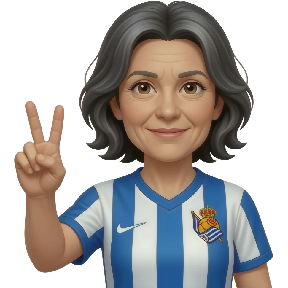 hazme uno igual de una chica de 50 años con pelo moreno un poco canoso y melena corta. con la camiseta de la real sociedad. y con alguna arrugita, solo alguna. la raya del pelo en el centro... y el pelo un poco alborotado. que levante la mano y tenga los dos dedos en forma de victoria emoji