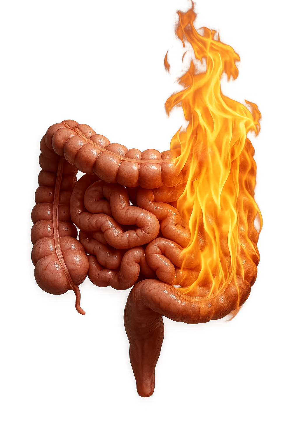 intestino umano anatomico realistico con fiamma, iperrealistico, non disegnato emoji