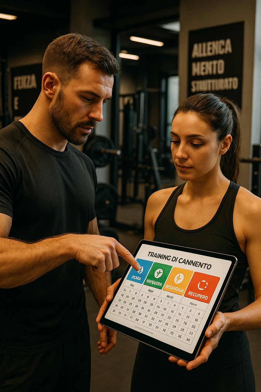 realistic cinematic photo a personal trainer and a client stand in a modern gym, reviewing a large, color-coded training calendario or chart on a tablet. The calendario shows different phases (Forza, Ipertrofia, Resistenza, Recupero) with icons and dates. Around them, gym equipment and motivational posters reinforce the idea of structured, periodized training. in italiano emoji