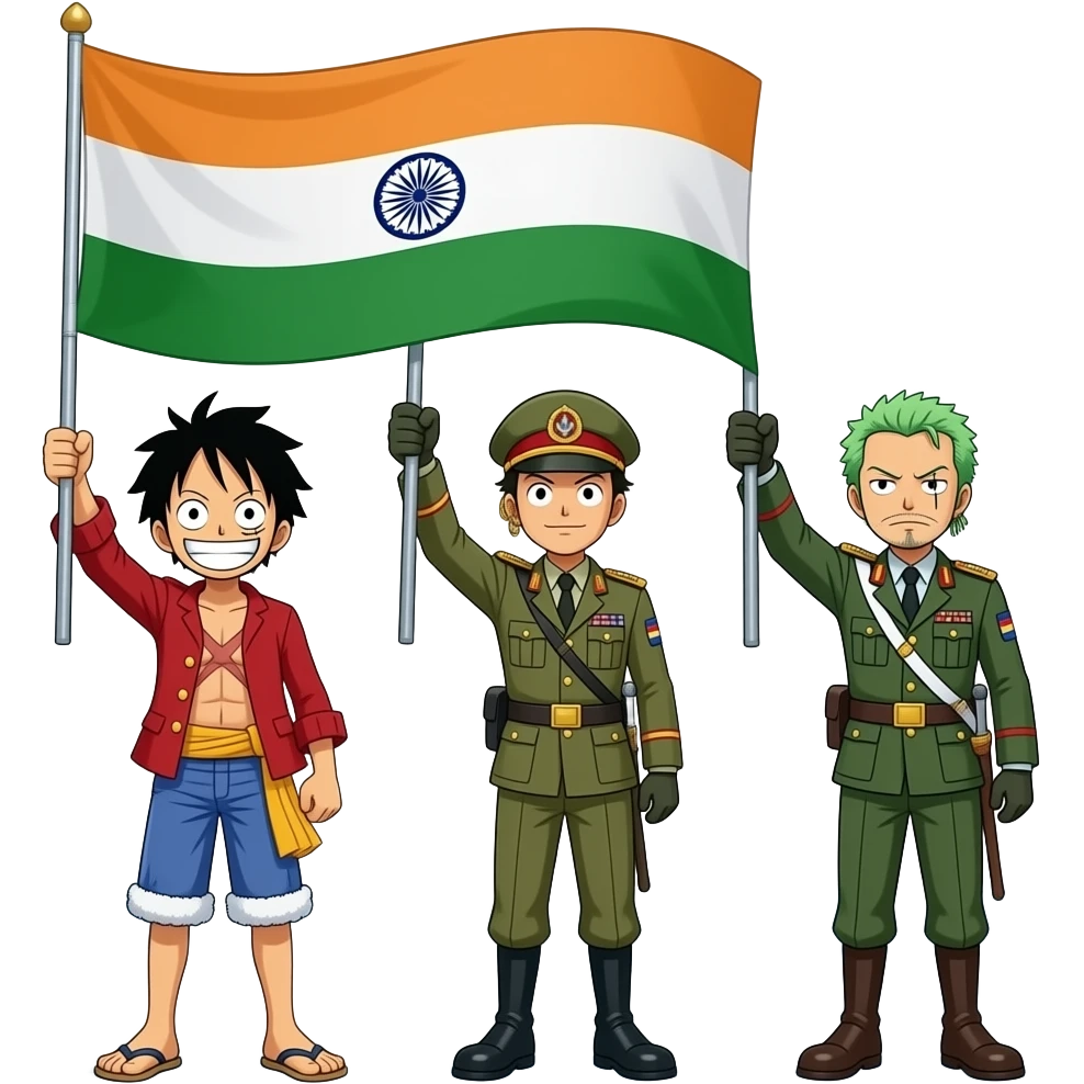 Luffy and sanji then zoro from One piece all three military general has hoisted the Indian flag in Siachen glacier emoji