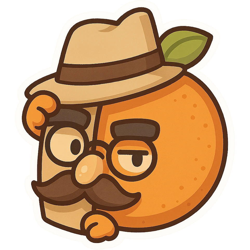 an orange fruit peeking out from behind a disguise, looking sneaky emoji