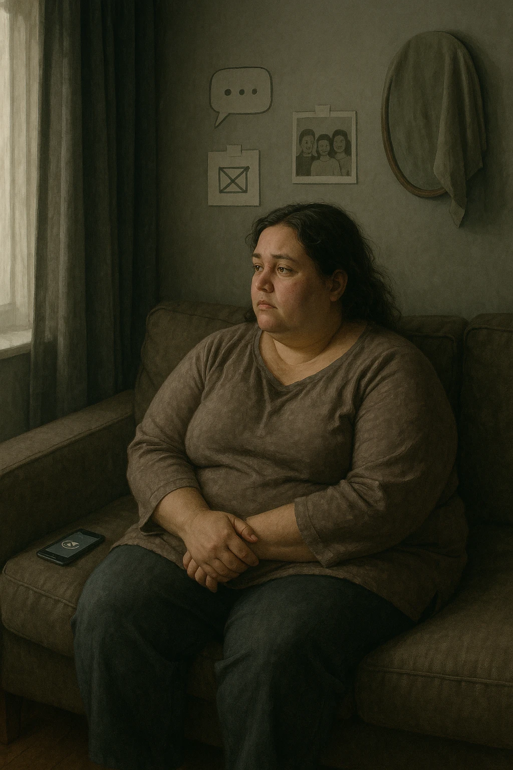 Donna tra i 30 e i 40 anni seduta sola su un divano, con espressione malinconica e corpo visibilmente appesantito. Indossa abiti larghi, avvolgenti, e guarda fuori dalla finestra mentre il telefono è spento o con notifiche ignorate accanto a lei. Sullo sfondo, si notano segnali di vita sociale assente: messaggi non letti, inviti ignorati, foto di gruppo a cui non partecipa. L’atmosfera è silenziosa, con luce grigia e ambiente spento. Intorno a lei, simboli di ritiro e insicurezza: tende chiuse, specchio coperto, postura chiusa. Stile realistico, tono delicato ed emotivo emoji