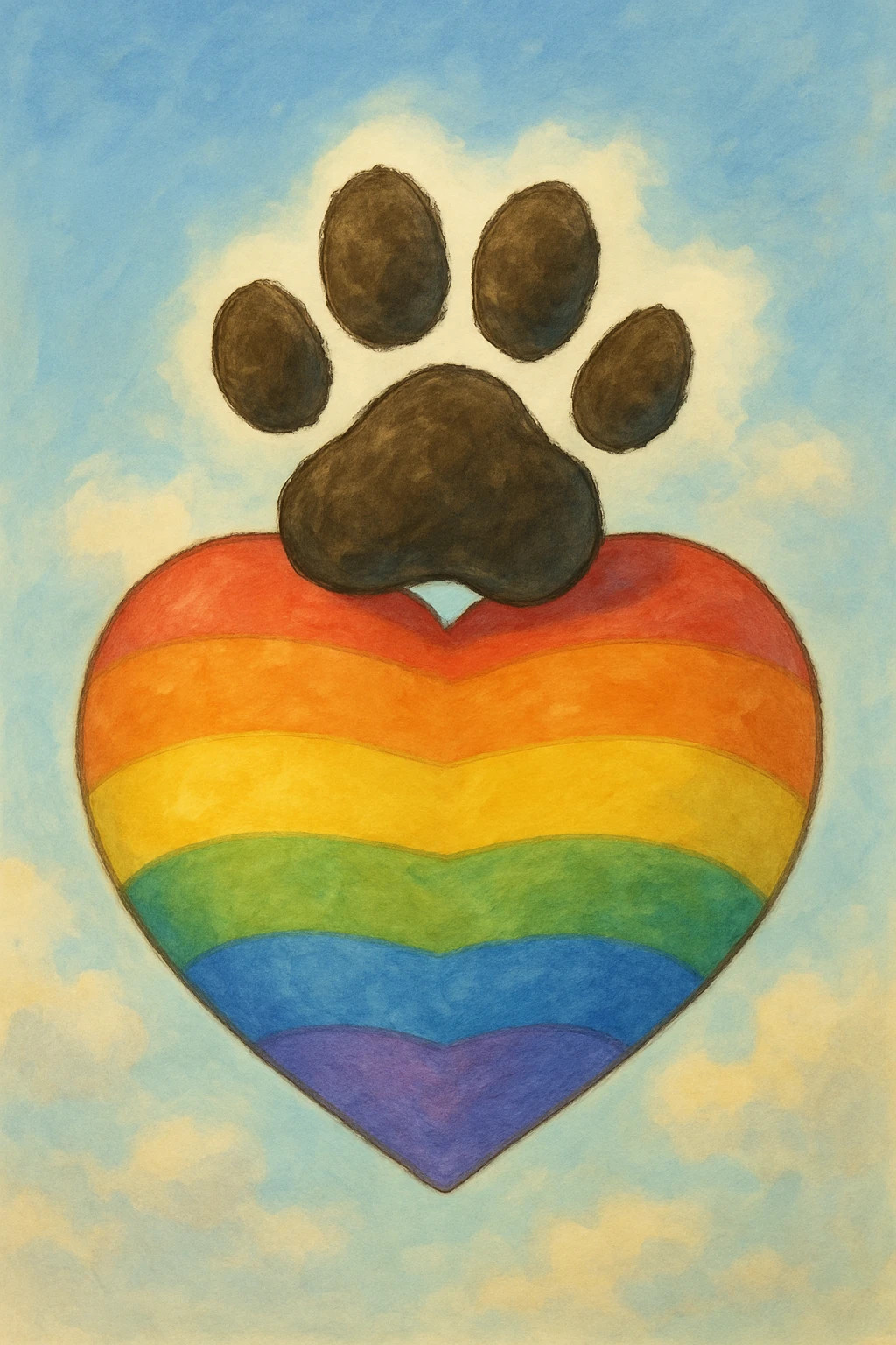 rainbow pride heart with a paw print on top, ghibli style, no text emoji