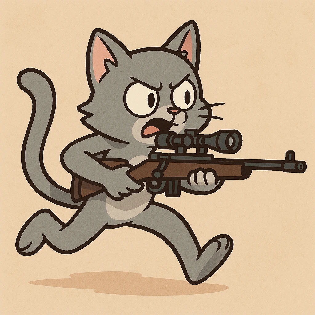 cartoonish small grey cat with a sniper rifle, dynamic action pose emoji