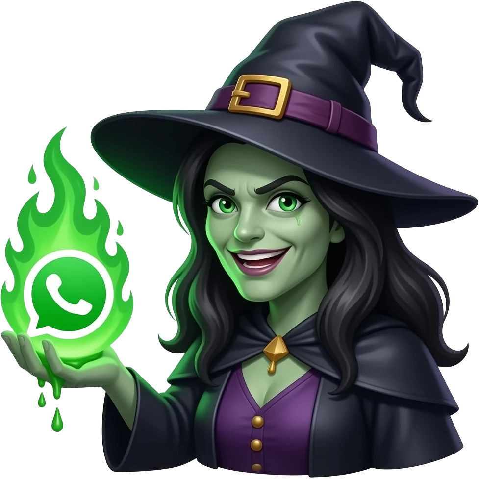 A dark sorcerer’s witch, disgusting expression, she is hand holding a WhatsApp logo burning with green magical flames. A liquid creams. Cinematic lighting, high-contrast emoji emoji