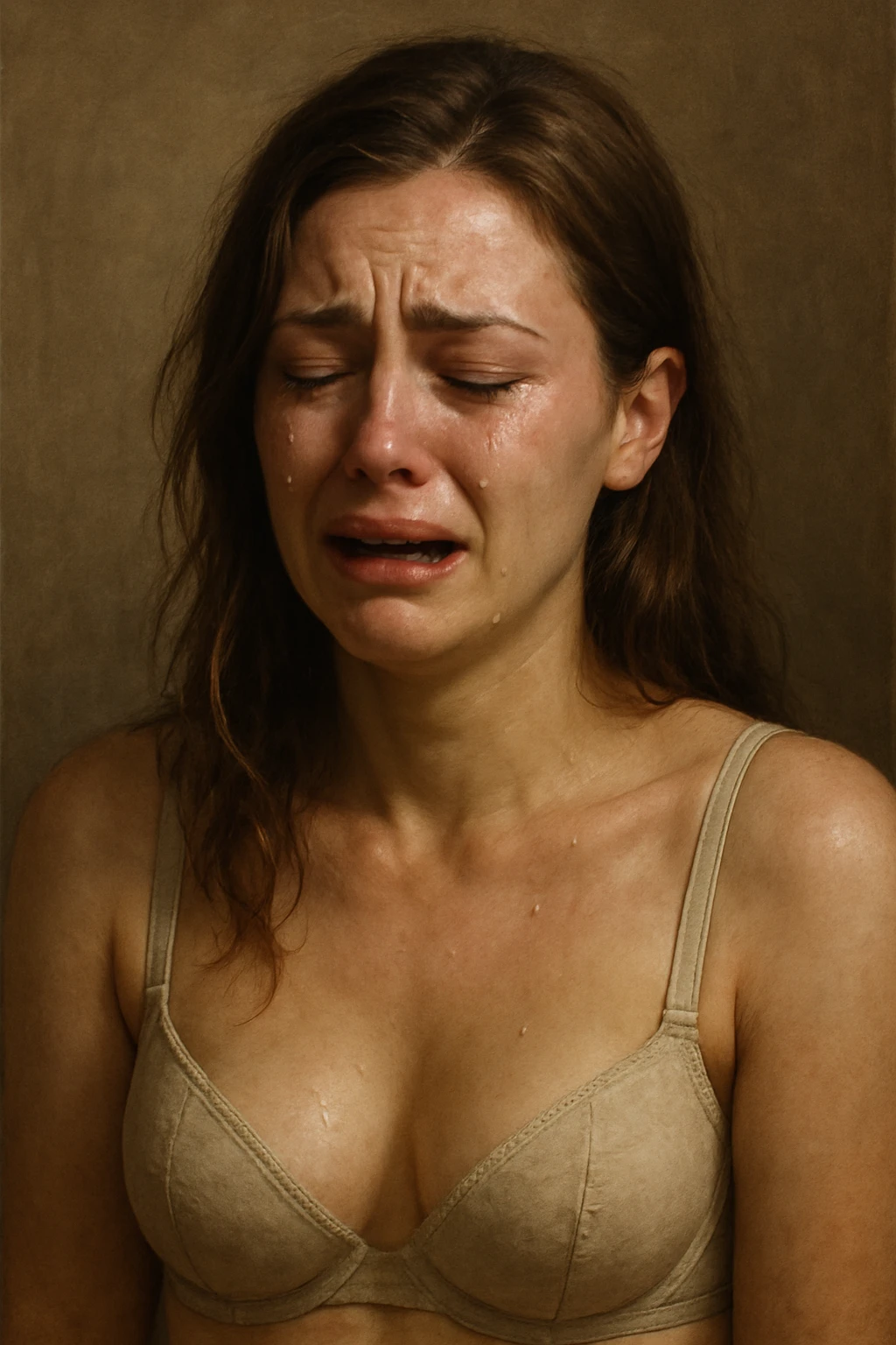 a realistic illustration of a woman wearing a bra, crying, with emotional expression, detailed and lifelike emoji