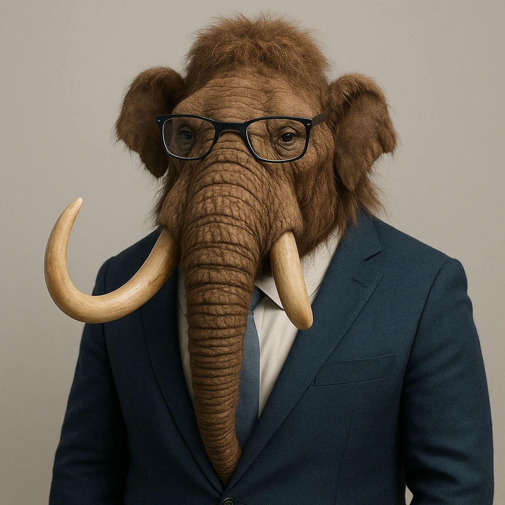 mamut con saco azul y gafas, estilo corporativo, fondo neutro emoji