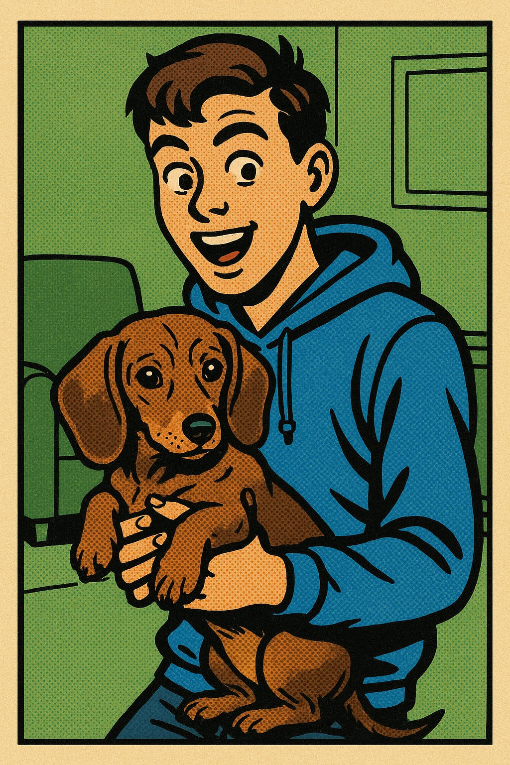 A modern day teenager wearing a blue hoodie with a puppy dachshund in a green living room emoji