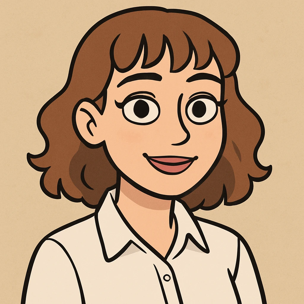 cartoonish AI avatar of a 22-year-old woman, brown eyes, light brown shoulder-length hair that is slightly curly with bangs, light makeup, wearing a white dress shirt emoji
