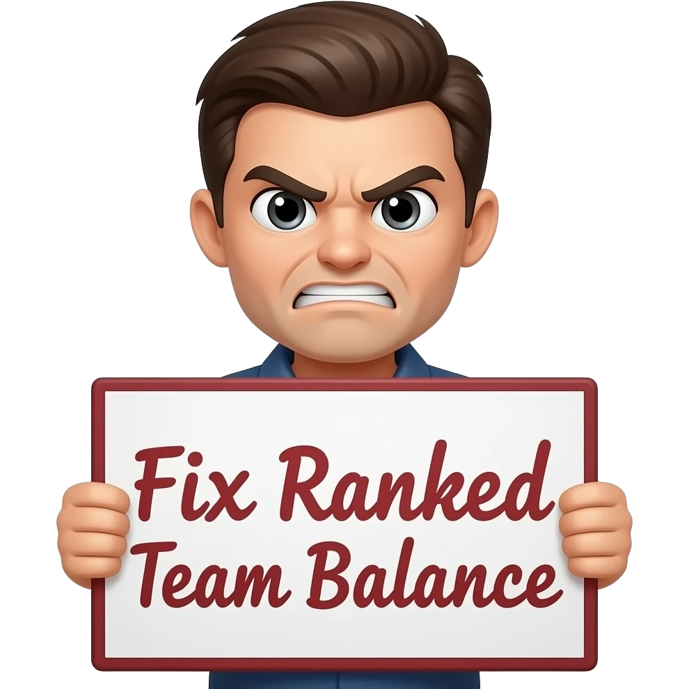 an emoji for Discord that is an angry face holding up a sign that says "Fix Ranked Team Balance" emoji