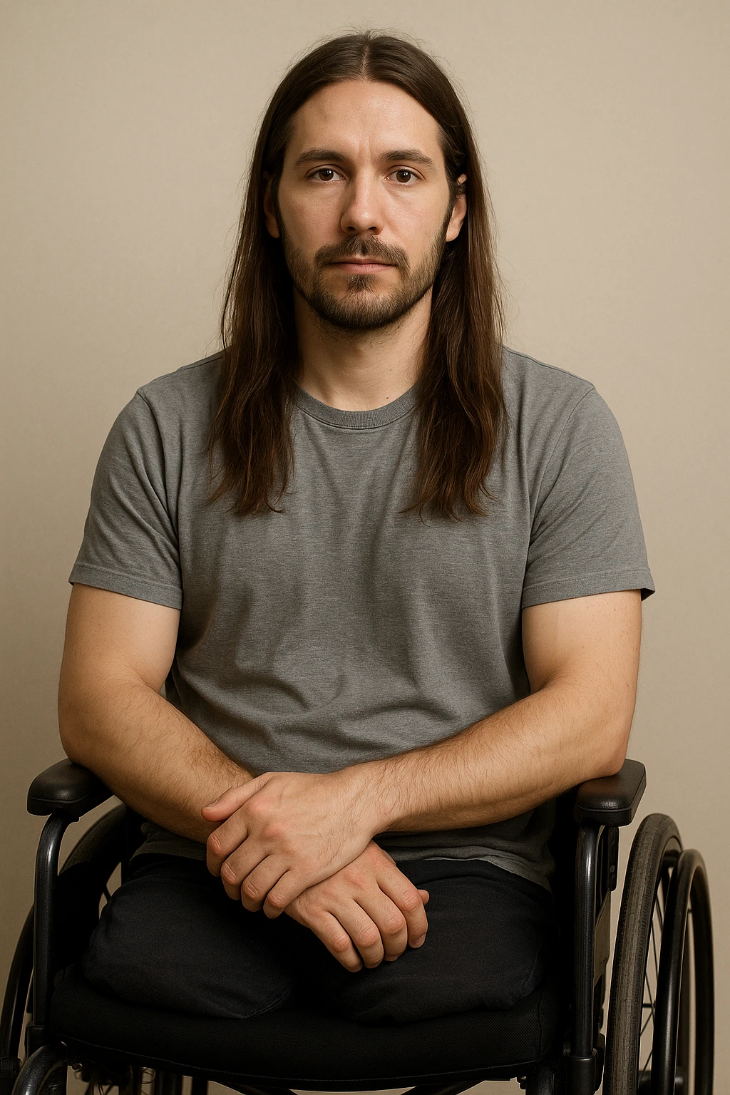 a clear and respectful depiction of a torso of a man with long hair, no legs, sitting in a wheelchair emoji