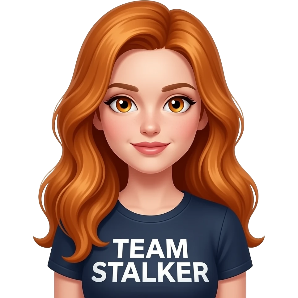 sexy girl with long ginger hair and ginger eyes a top with TEAM STALKER written on it emoji