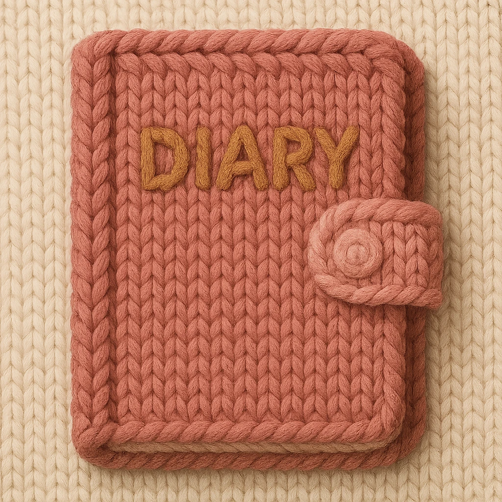 a pink diary, knitted patch style emoji
