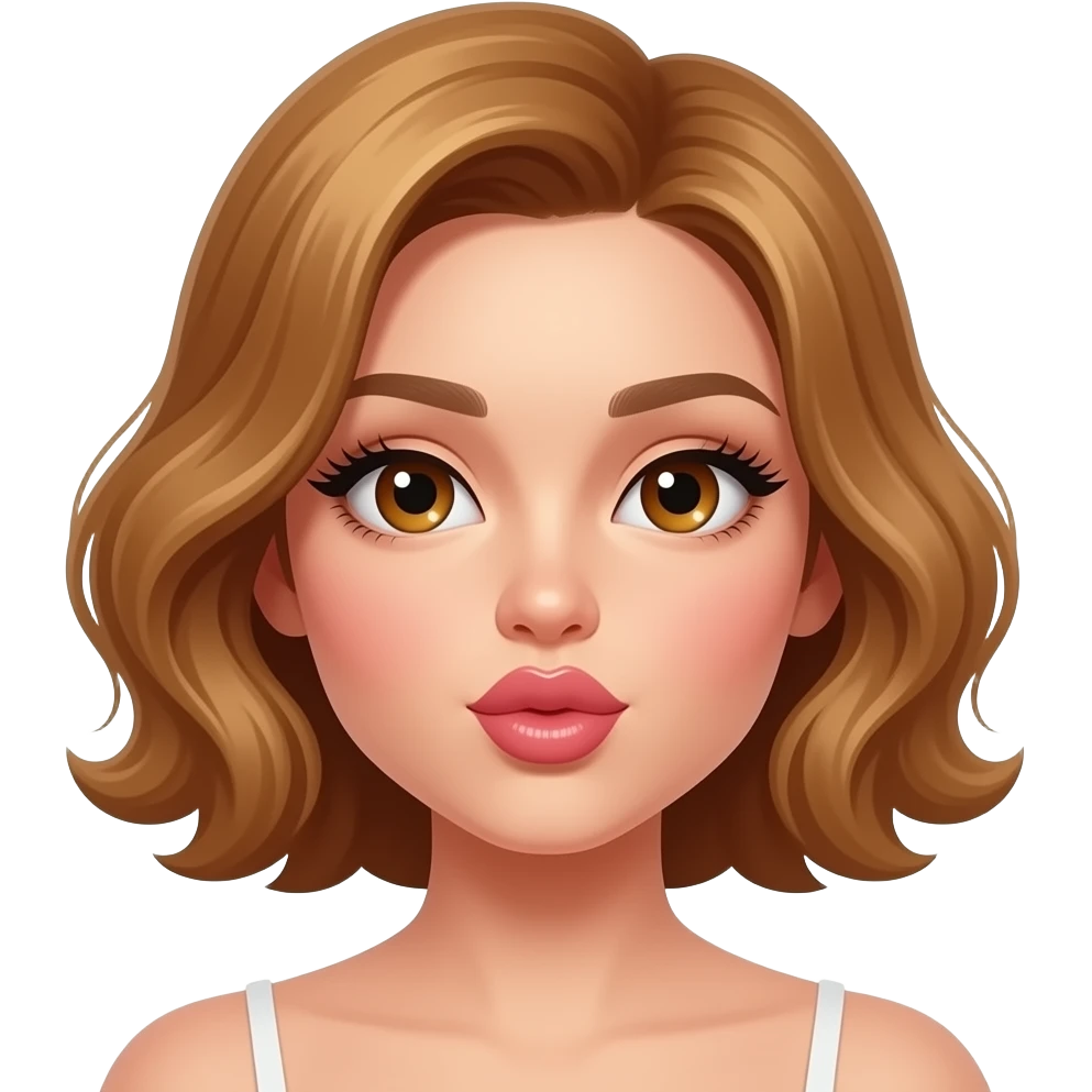 white, very beautiful woman, with big plump lips, long long lashes, honey wavy short hair, Hazel eyes. Blowing her lover a kiss emoji