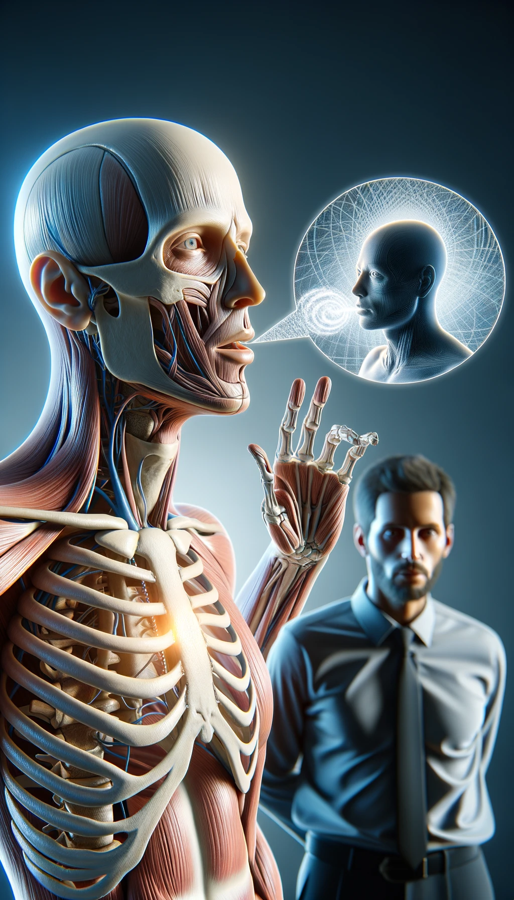 corpo umano anatomico che parla ma sopra di lui c'è il muto, un altra persona lo ascolta, immagine iperrealistica 4k emoji