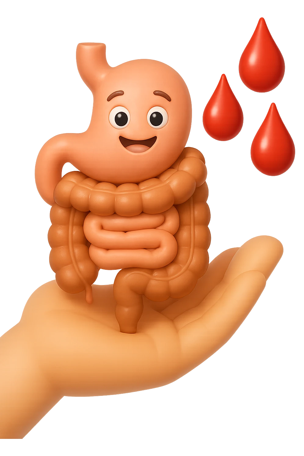 emoji stile iphone 3d di stomaco e intestino collegati verticalmente con 3 gocce di sangue 3d in mano, iperrealistiche 4k emoji