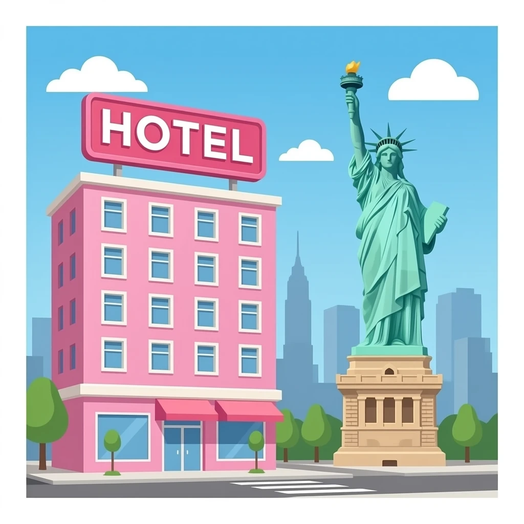 PINK HOTEL Building Signboard HOTEL in New York statue-of-liberty emoji
