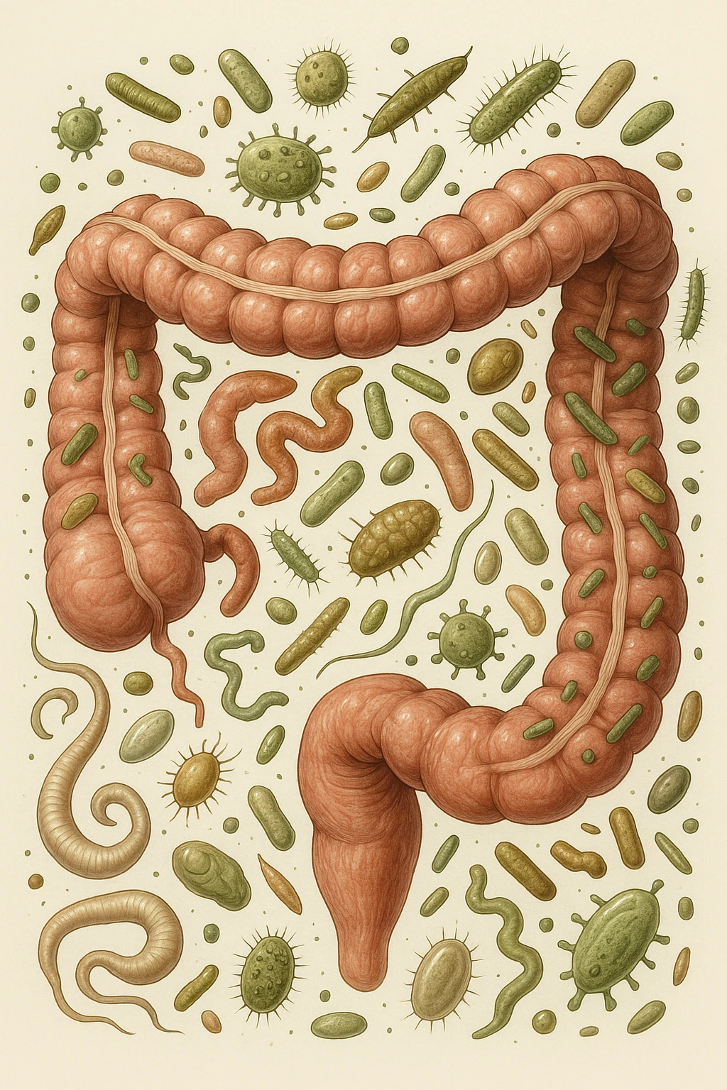 INTESTINO UMANO ANATOMICO CON BATTERI E PARASSITI INTORNO, SFONDO CHIARO NEUTRO, IPERREALISTICO 4K emoji