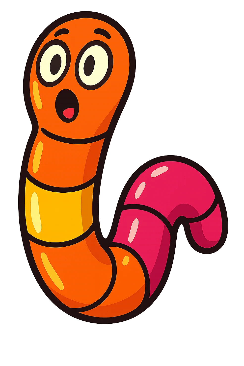 a glossy gummy worm candy with a surprised face, fun and friendly emoji