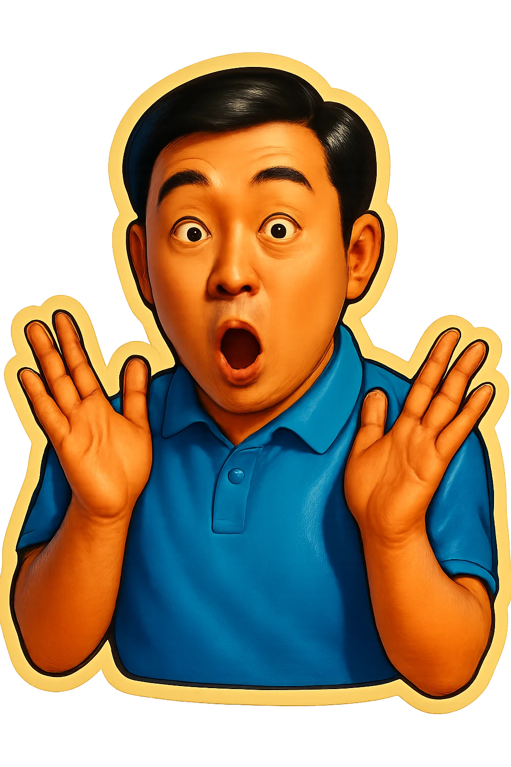 The same Japanese man looks at the viewer with a surprised look, and his hands are empty emoji