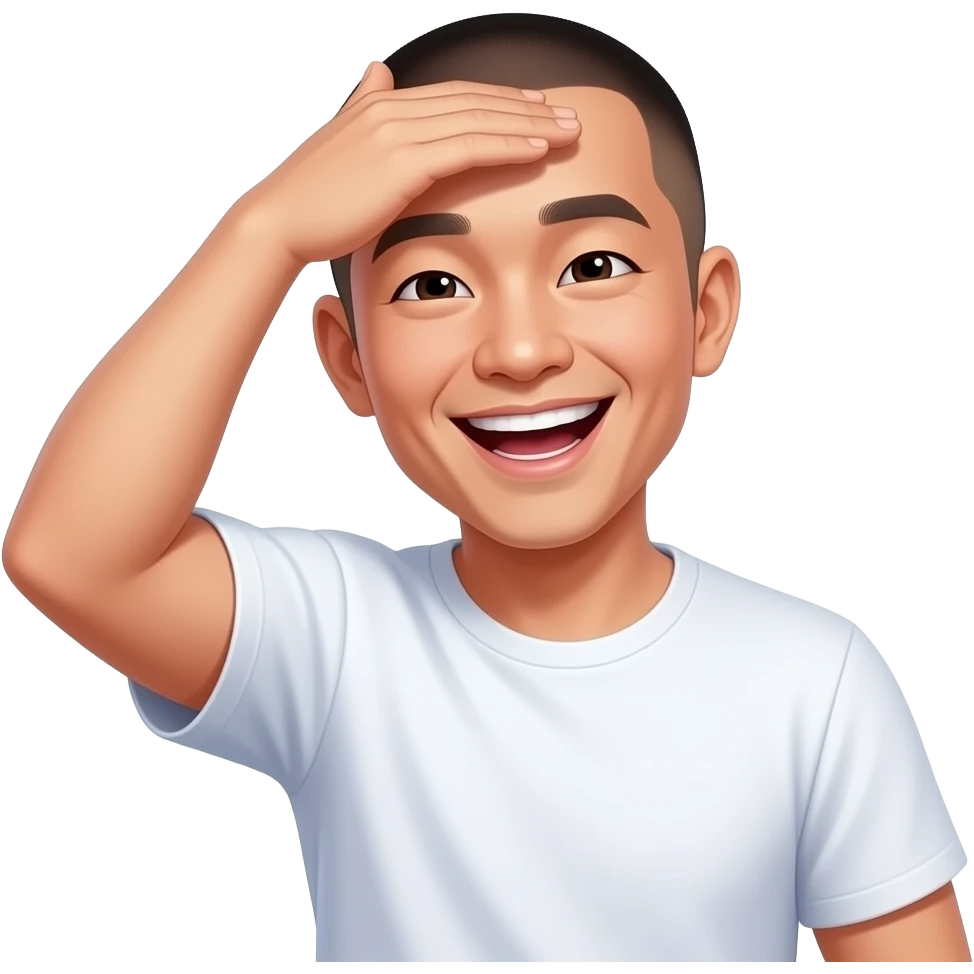 asian guy with shaved head with palm on foreheard laughing with white t shirt on emoji