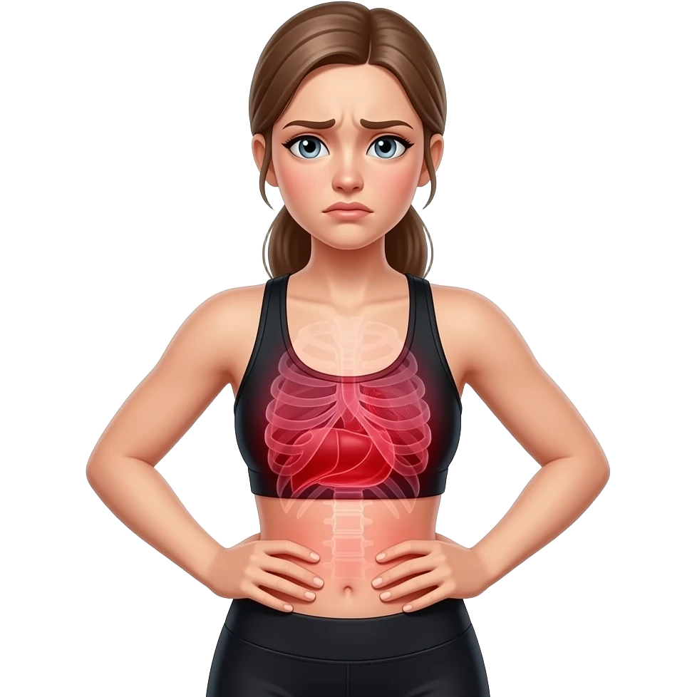 breathing discomfort, full red glow covering chest, ribs, and lung area, woman with hands on ribs, fair-skinned woman, gray-blue eyes, ash brown brows, ash light brown hair tied back, slim athletic body, black workout set emoji