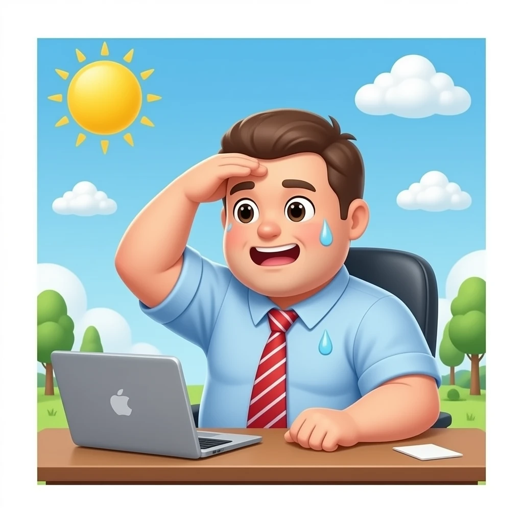 hazme una habitacion de empresiario con una persona sentada i gorda con sudor i apresurada emoji