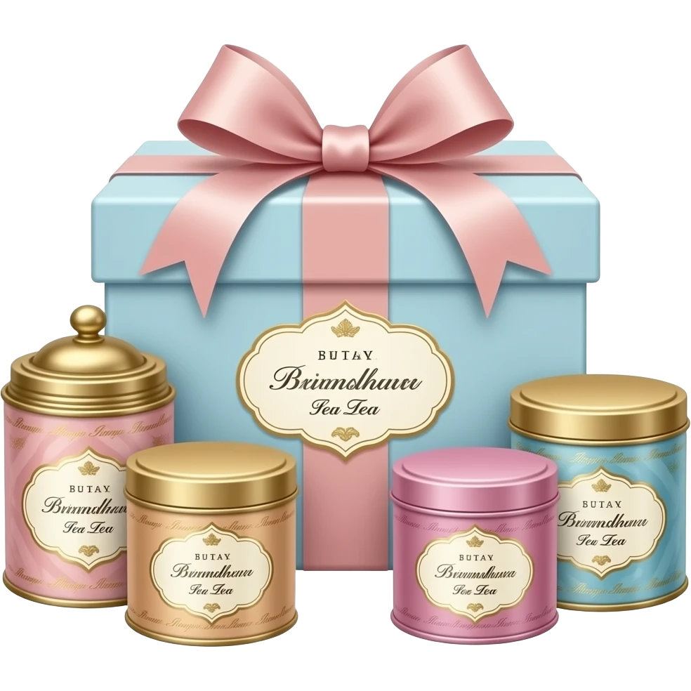 Luxury British tea hamper, isolated, centered, no background, elegant pastel box, satin ribbon, fine tea tins, feminine London luxury gifting aesthetic emoji