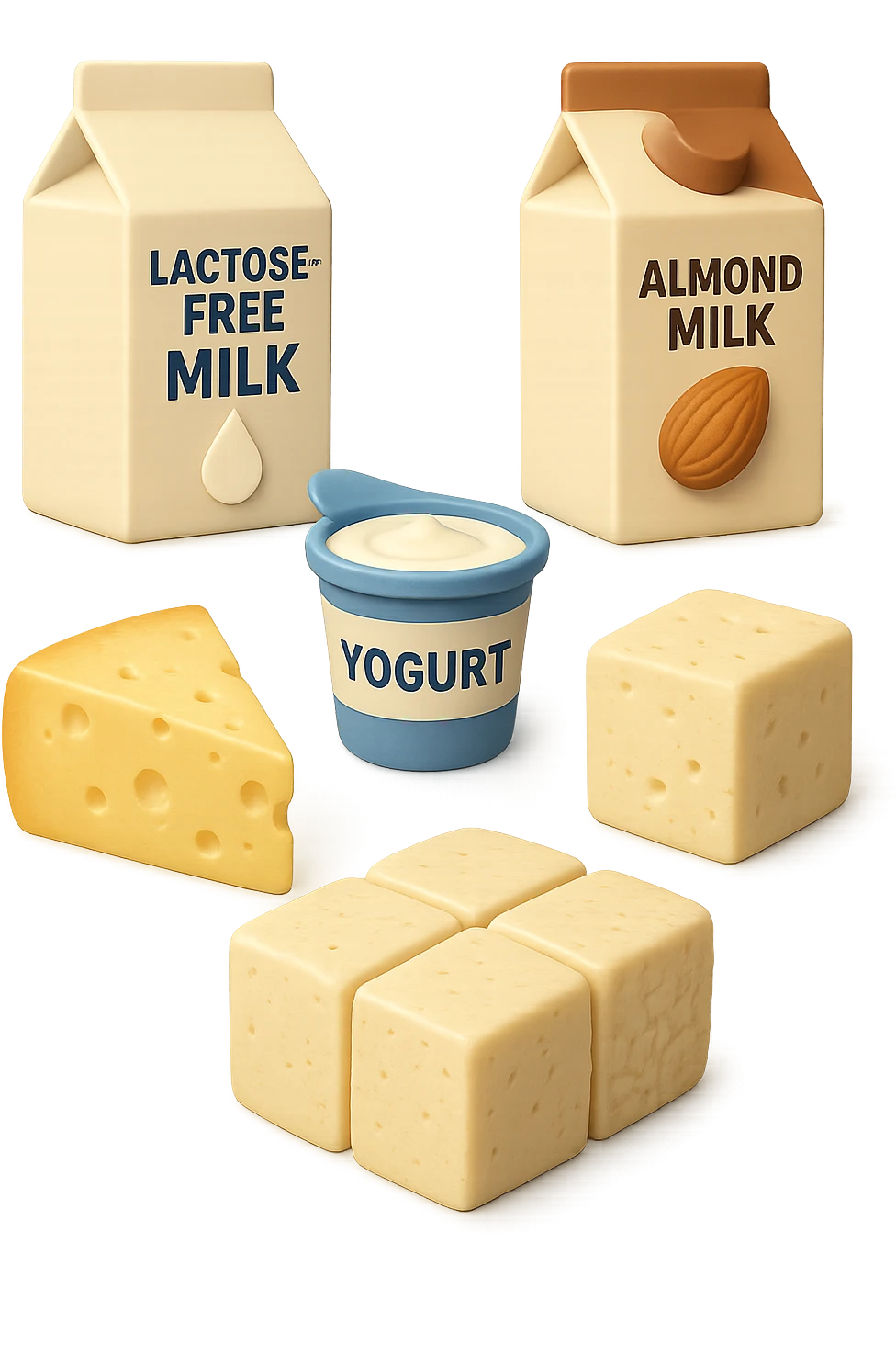 emoji stile iphone 3d di Latte e yogurt delattosati
Latte di mandorla (non zuccherato)
Latte di soia da proteine isolate
Formaggi stagionati (es. parmigiano)
Tofu compatto e tempeh
 che fluttuano in aria, iperealistico 4k emoji