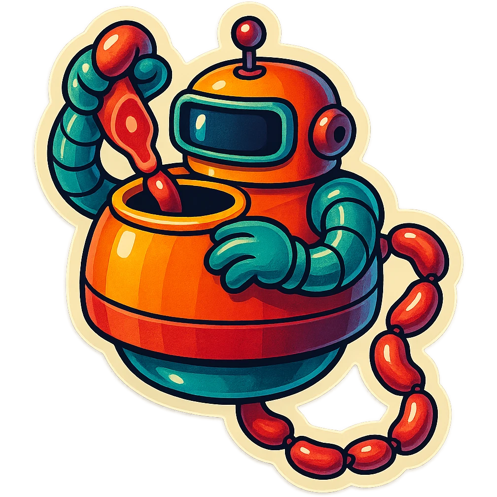 a robot that uses arms to put meat in large hole on top. sausage links come out robots rear. no legs on robot. robot hovers. robot feeds itself meat emoji