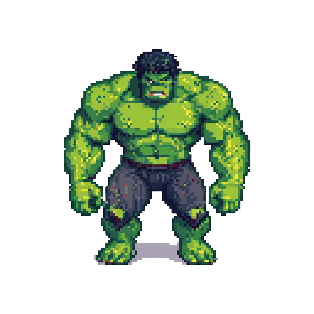 Hulk smashing pose in pixel art style, vibrant colors, simple background emoji