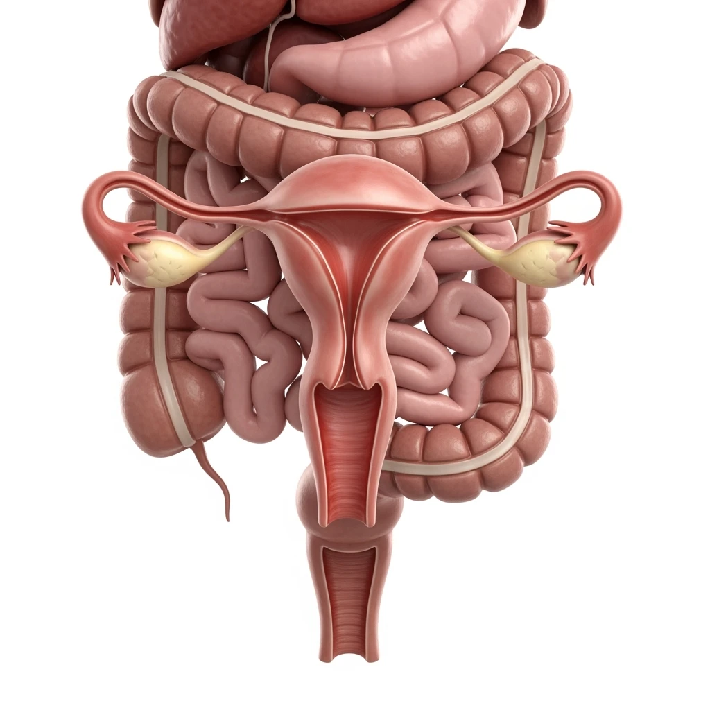 UTERO UMANO ANATOMICO COLLEGATO AD INTESTINO, iperrealistico 4k, SFONDO BIANCO emoji