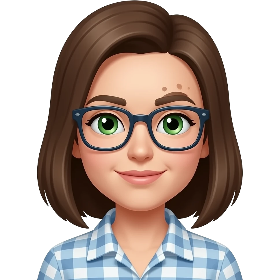 Julie with green eyes and single large freckle on forhead over LEFT eyebrowwith glasses emoji