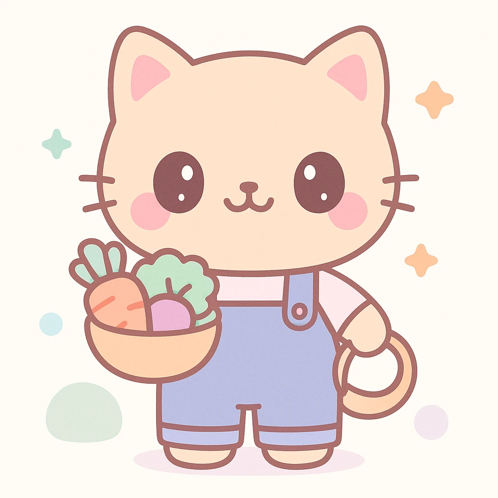 kawaii style cute farm cat wearing overalls and holding a basket of vegetables, pastel background emoji