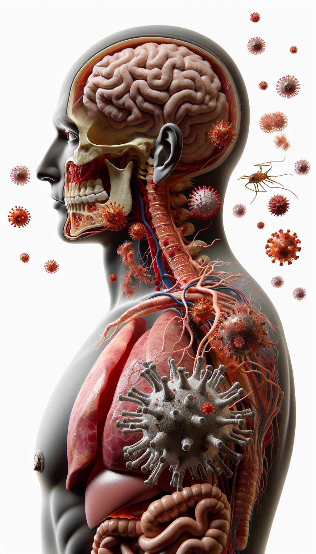 corpo umano anatomico di profilo con virus e parassiti che cercano di attaccarlo , isolato su sfondo bianco, iperrealistico 4k emoji