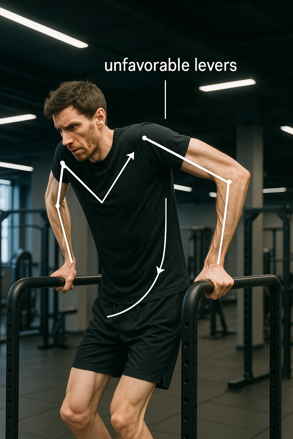 a tall, lean man with very long arms and a short torso attempts a dip on parallel bars. His elbows are deeply bent and his body appears awkwardly positioned, highlighting the mechanical disadvantage. An overlay shows anatomical lines and angles, with labels explaining “unfavorable levers.” The background is a modern gym, with a focus on biomechanics. emoji