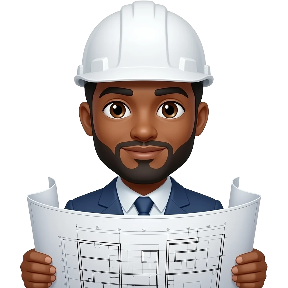 Ingeniero, morenito, casco blanco, con poquita barba, ojos cafe, y sosteniendo planos con cabello negro y barba tambien negra emoji