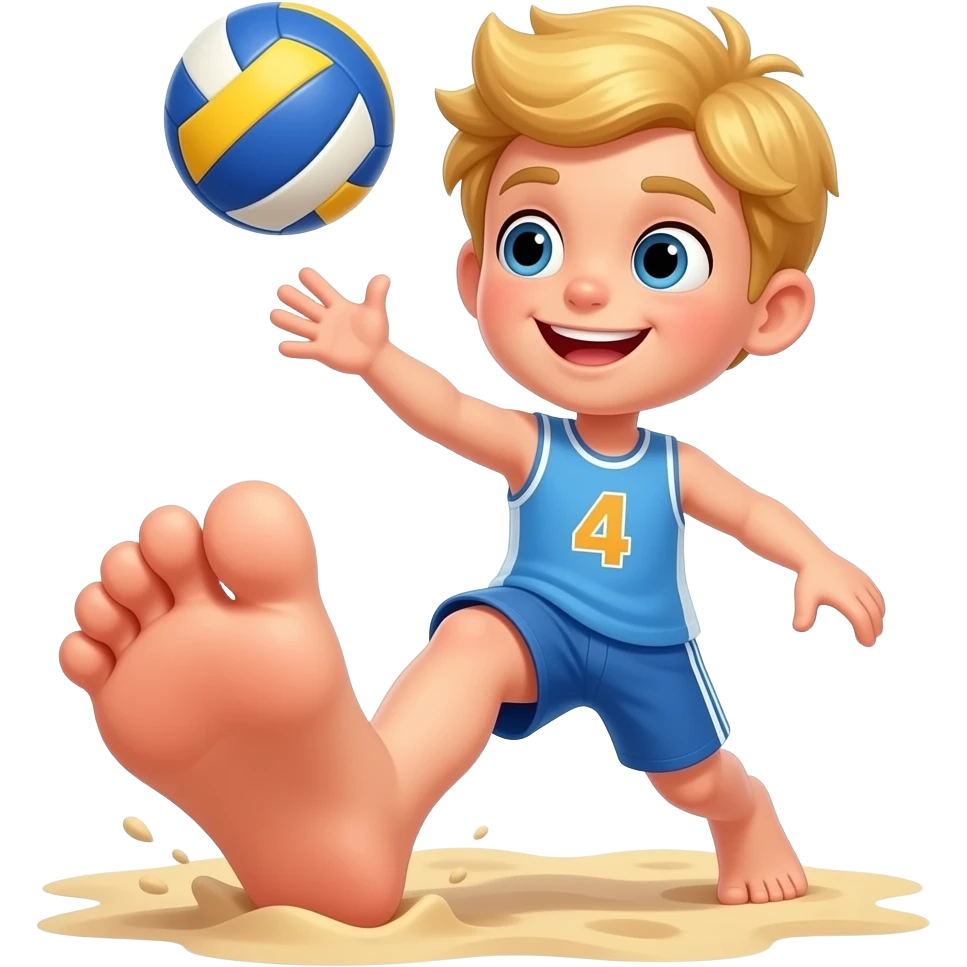 white kid a little bit strong with blond fluffy hair with giant foot playing beach volley emoji