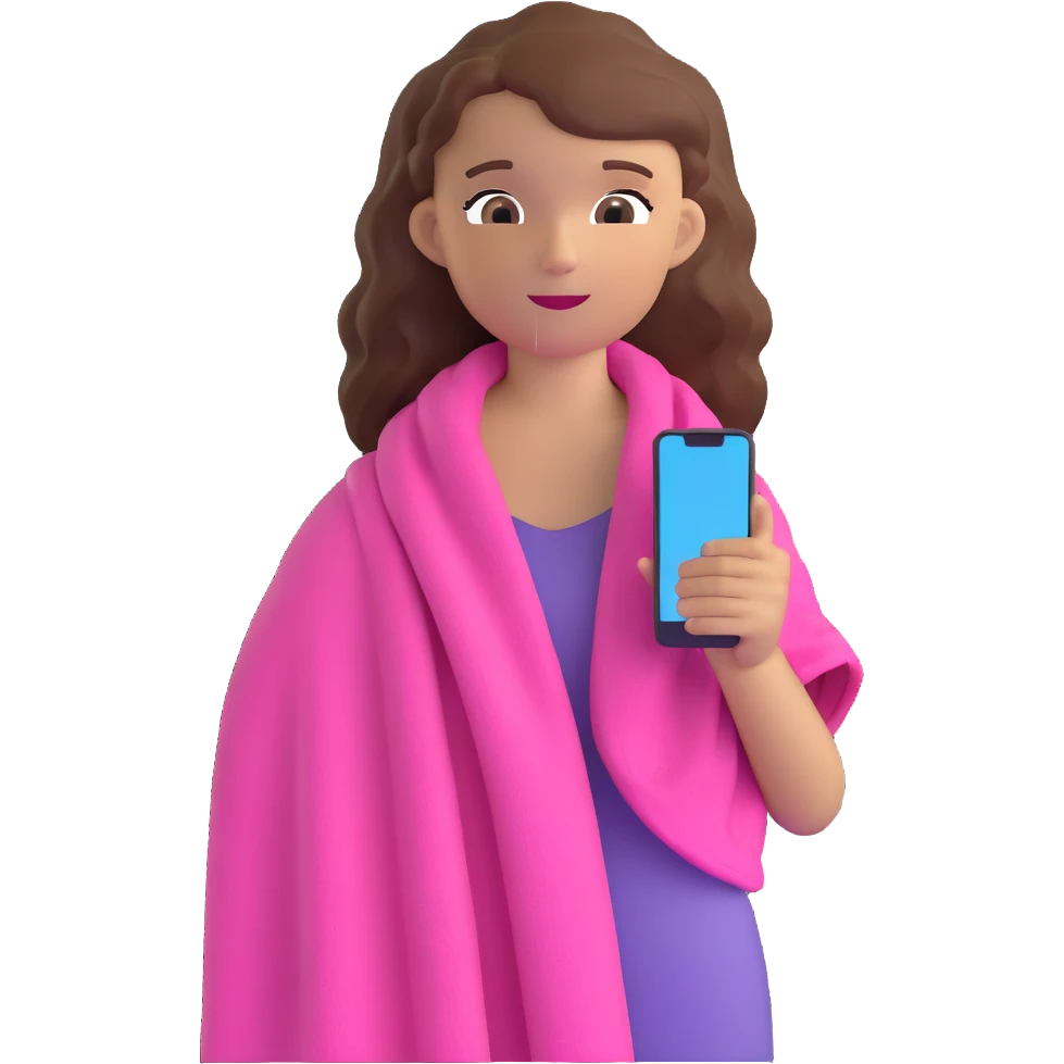 white girl with wavy hair holding her phone and a pink beach towel emoji