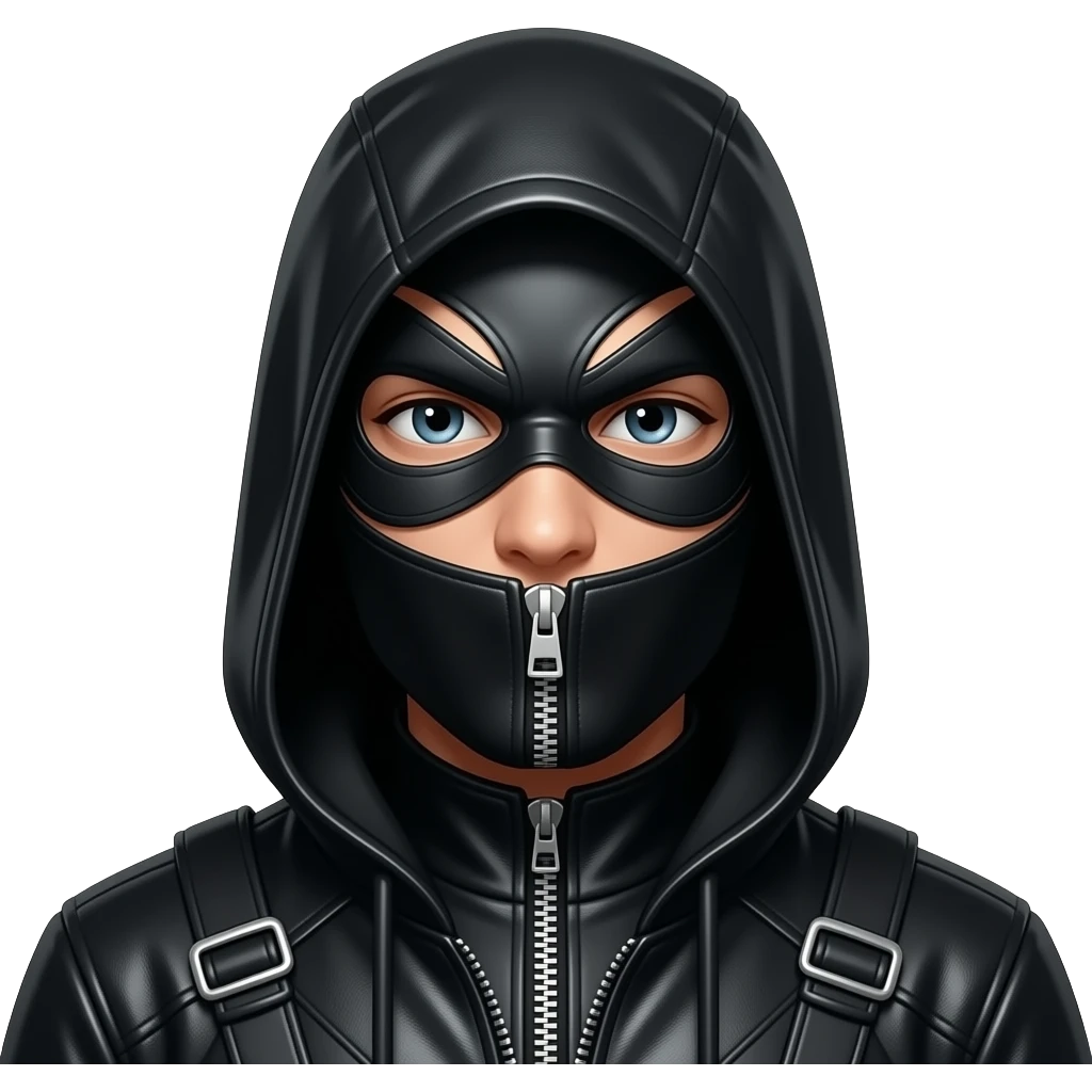 BDSM leather-clad gimp including hood and mask with zipper mouth in a cartoon style emoji