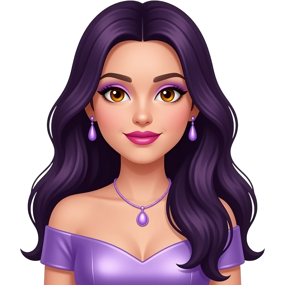 LaurenZside with amber eyes, long dark purple hair, lilac eyeshadow, hot pink lipstick, lilac metallic off shoulder dress, lilac necklace and earrings emoji
