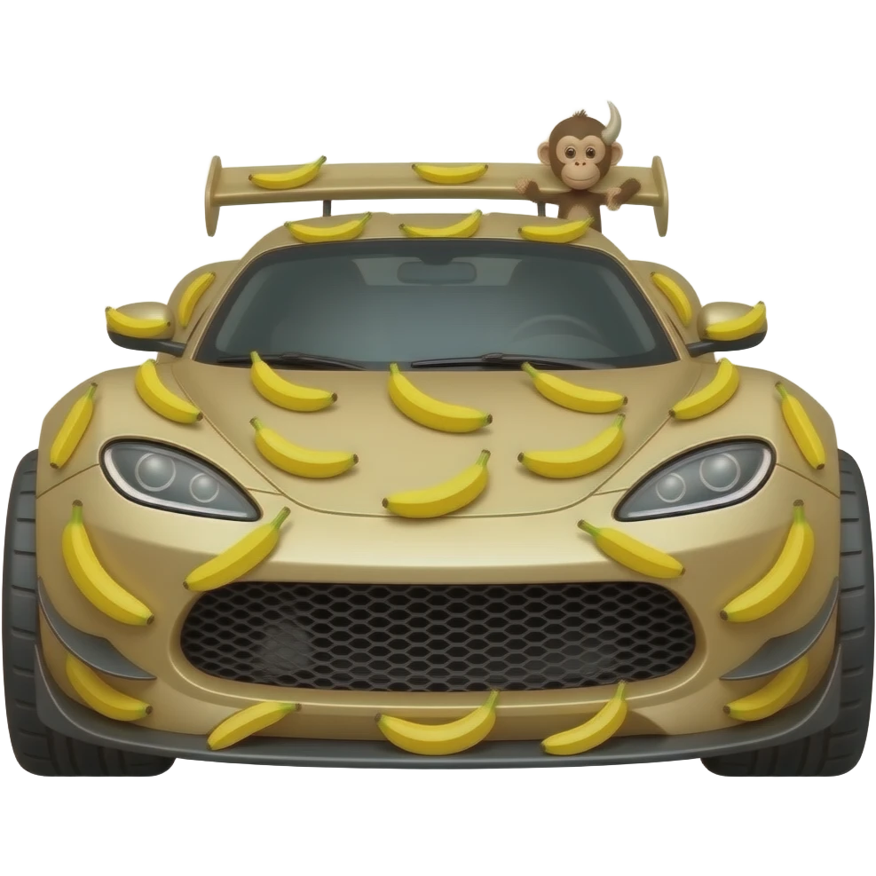 Мавп'яча машинка з тачок, вона спорткар, прикрашена бананами і хутром, ззаду звіст стирчить emoji