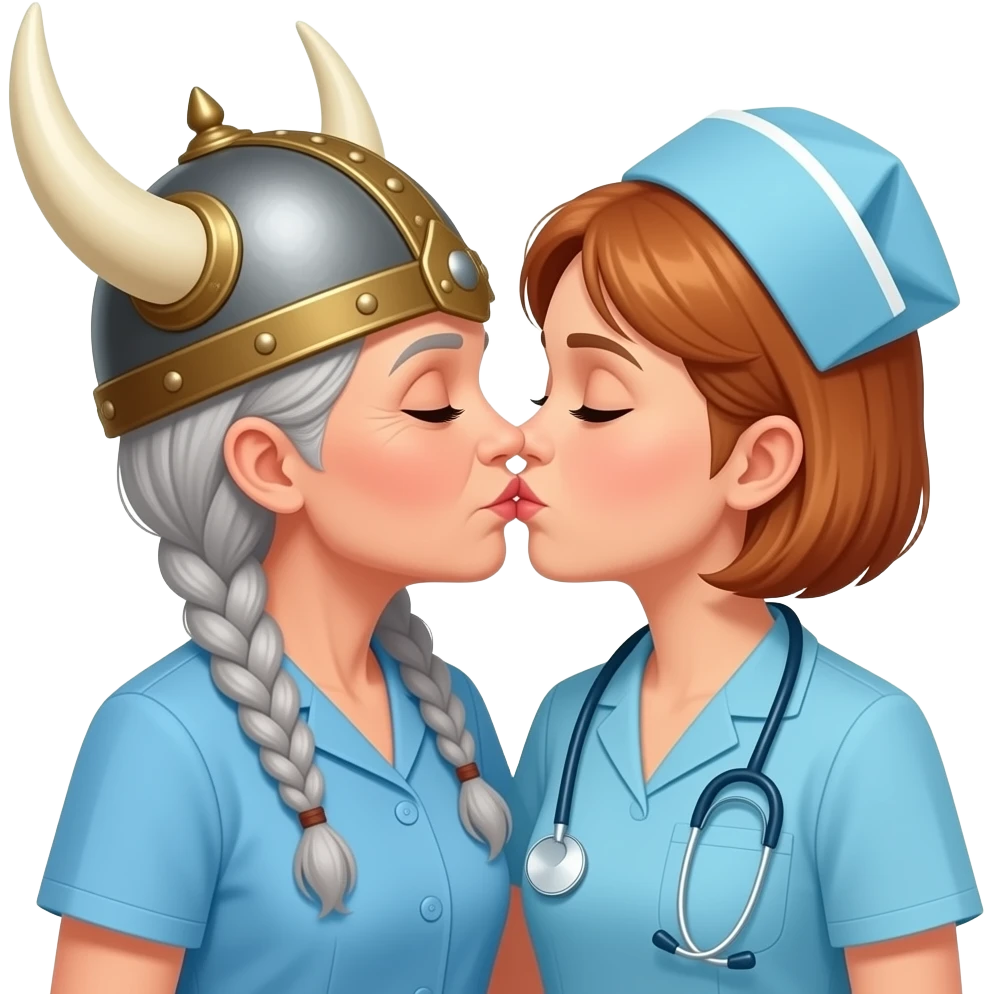 Viking helmet older woman with gray braids kissing older shortest auburn hair nurse female couple emoji