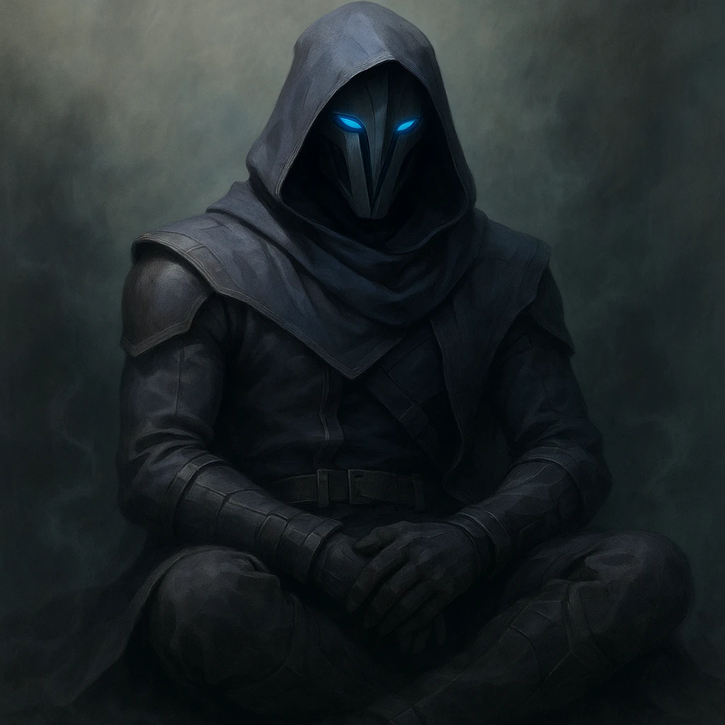 Valorant Omen character, calm and serene, relaxed pose, soft lighting, peaceful atmosphere, game-accurate, detailed emoji