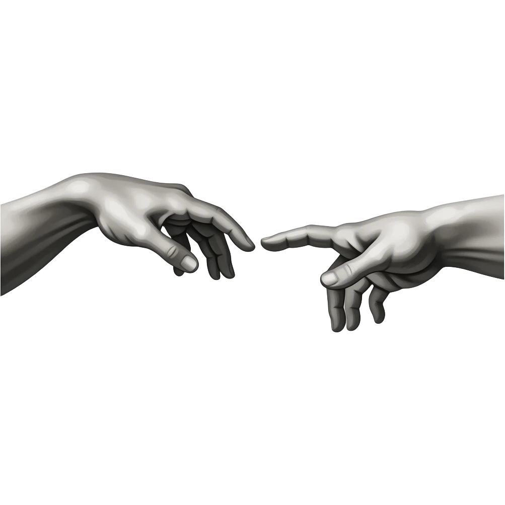 the touch of the fingers of two palms as in Michelangelo's painting in the Sistine Chapel, but mechanically constructed emoji