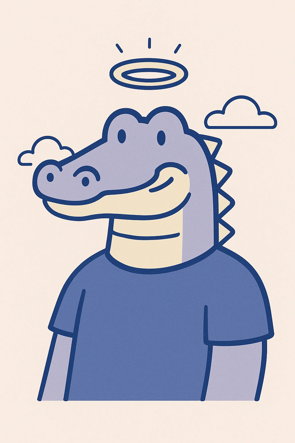 2D illustration of a friendly alligator with a glowing halo above its head, simple background emoji
