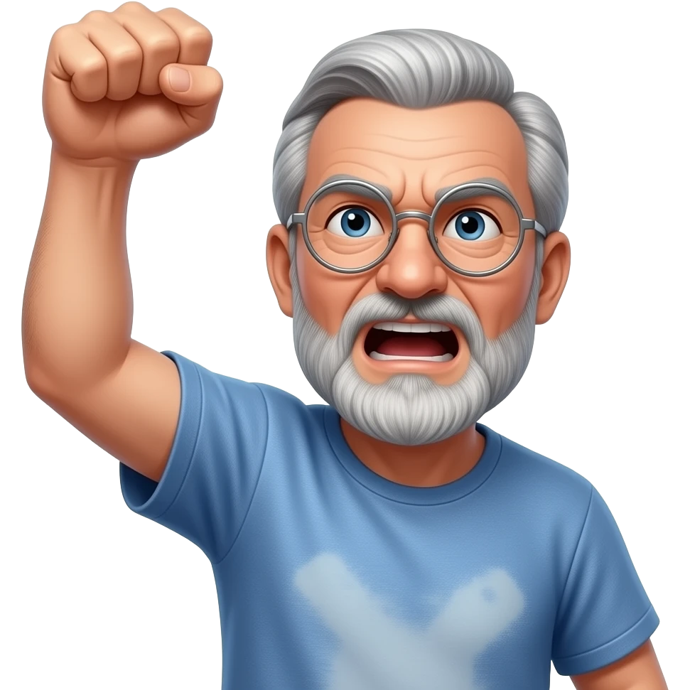 grumpy old man yelling with round silver glasses and a t-shirt shaking his fist at the sky emoji